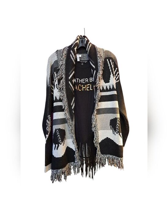 Elan Jackets & Blazers - Elan Fringe Long Belted Sweater. Black And White. Southwestern. New